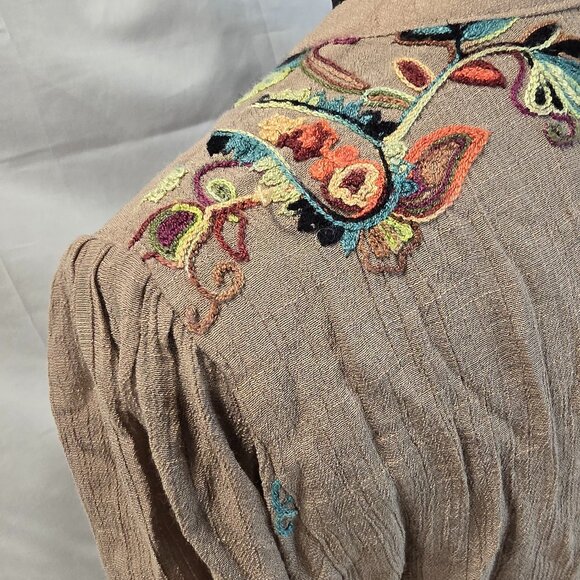 Fig & Flower Flowy Brown Dress Size Large Embroidered Paisley Sea Shell Buttons - Picture 11 of 12